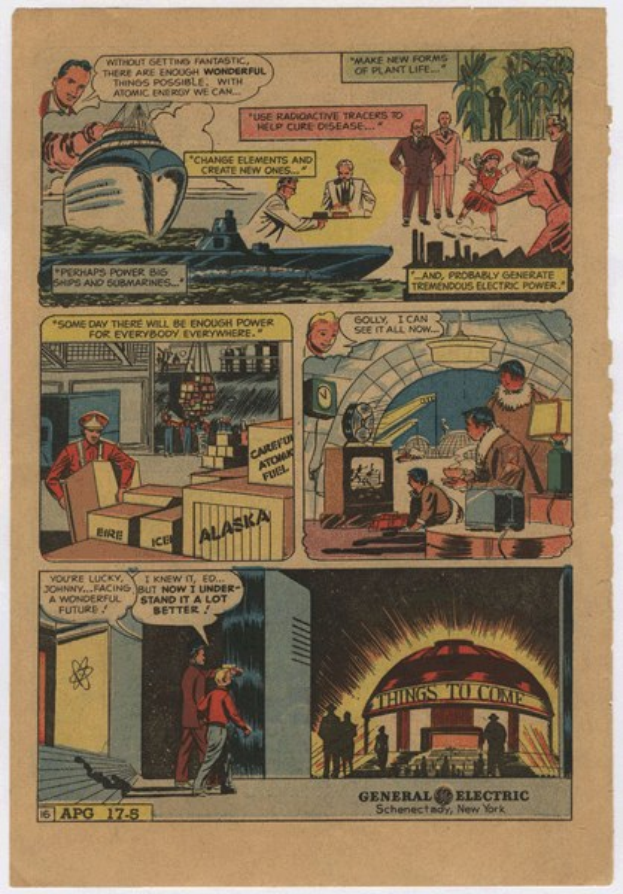 Comic-Seite mit einem Mann in einem blauen Anzug mit roter Krawatte und einer Frau in einem weißen Kleid mit einem blauen Schultertuch, vor einem hellblauen Himmel mit weißen Wolken.