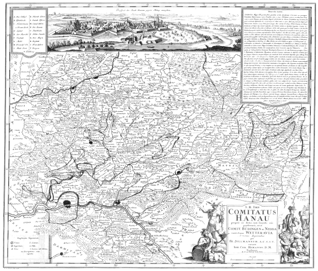 Schwarzes und weißes Plakat einer detaillierten Karte von Comitius Hanau, das Straßen, Gebäude und Bilder von Menschen mit begleitendem Text zeigt.