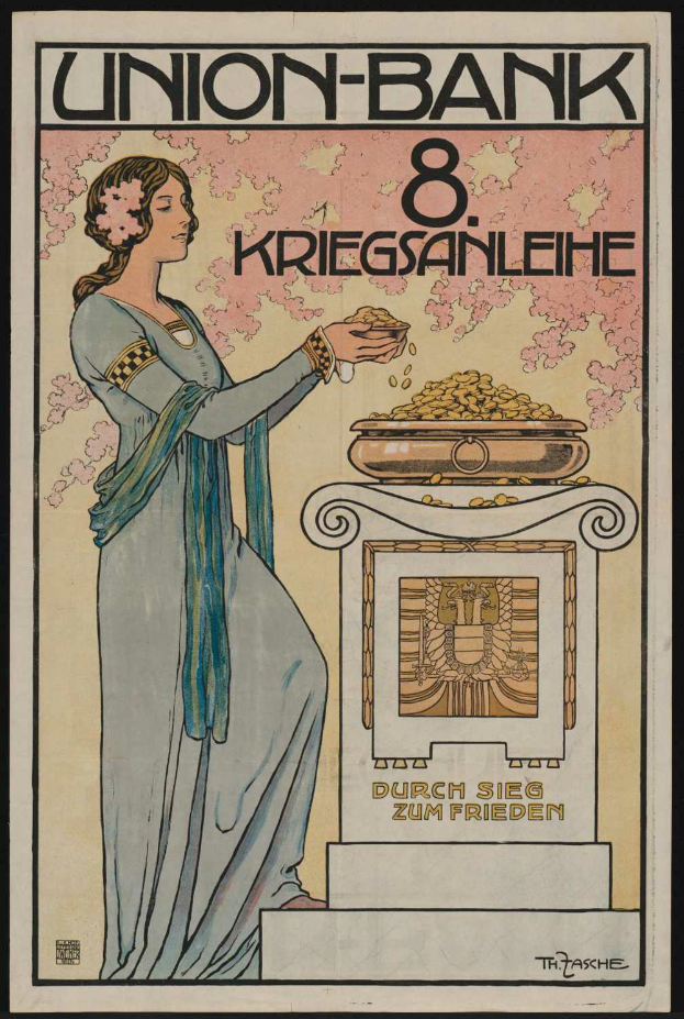 Eine Frau in einem weißen Kleid steht entschlossen vor einem schwarzen Hintergrund und hält eine Schüssel mit Essen in der Hand, mit einem Plakat im Hintergrund, das "Union-Bank 8 Kriegsanleihe" lautet.