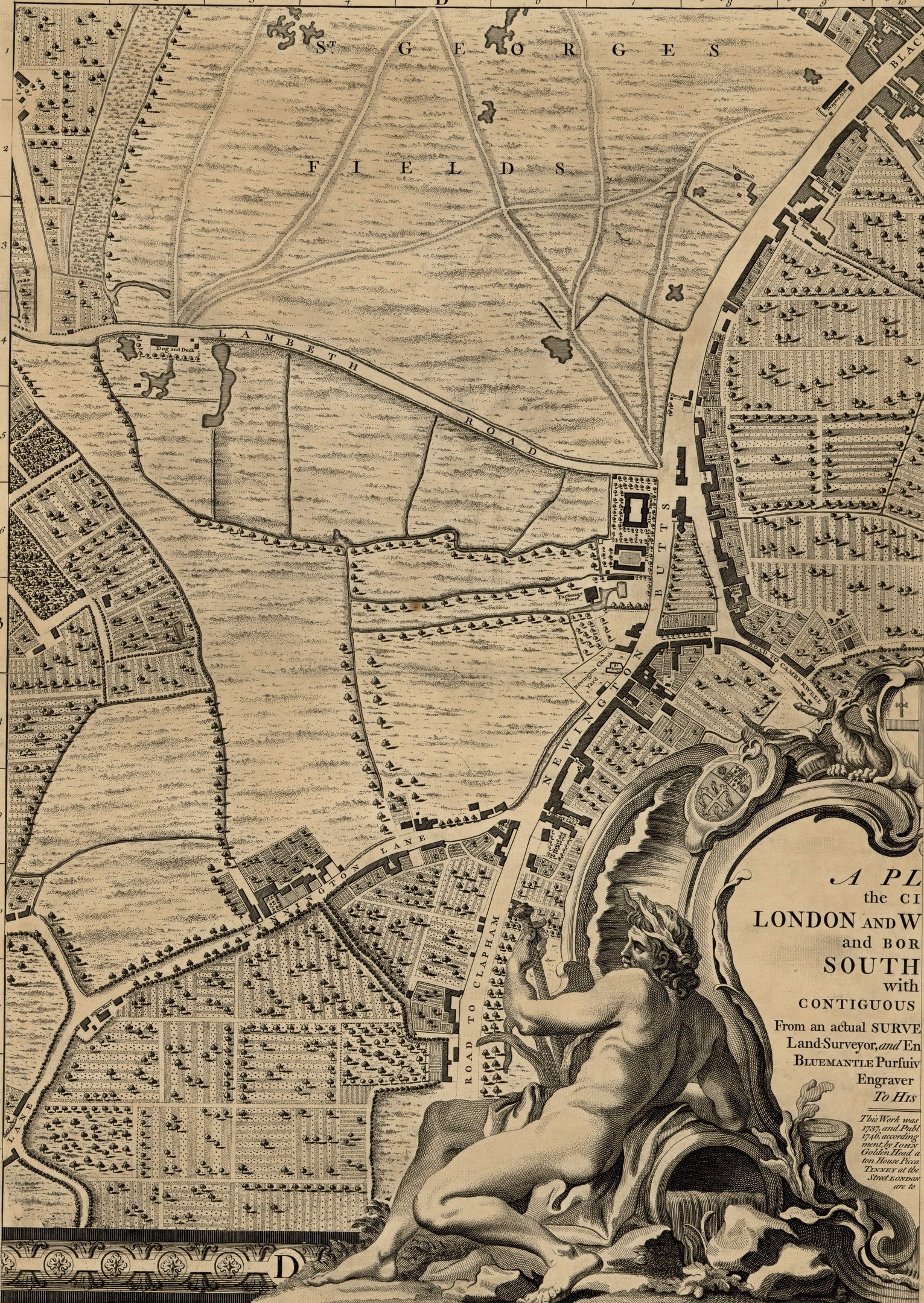 Ein detailliertes London-Karte-Poster mit einer zentralen Skulptur einer Person.