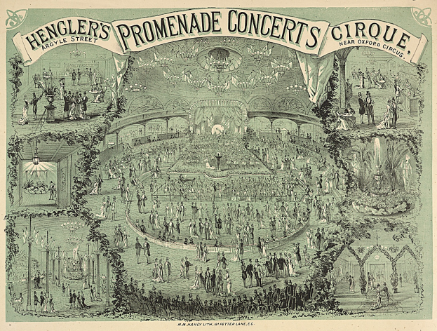 Ein altes Buch mit einer Zeichnung einer bunten Menge bei einem Zirkus, mit Text und Zahlen, die darauf hindeuten, dass es ein Konzertplakat ist.