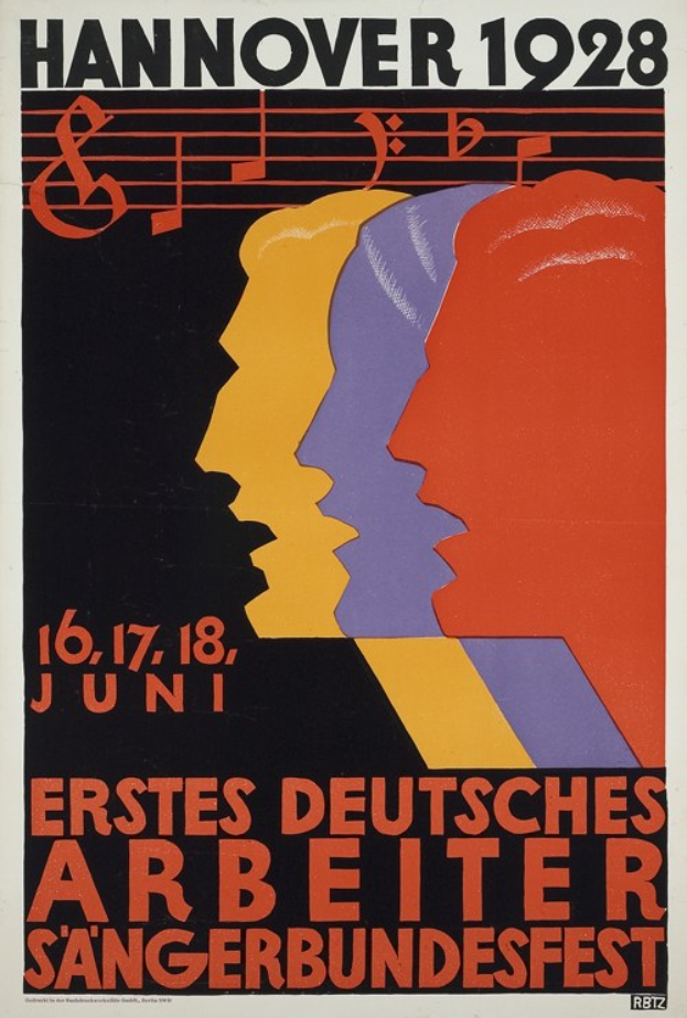 Plakat für das 1928 in Hannover stattfindende Erste Deutsche Arbeiter-Sängerbundesfest, das drei zentrale Personen und Textinformationen zeigt.