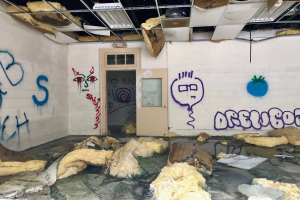 Ein Raum mit Graffiti an den Wänden, eine Tür im Hintergrund, Deckenstangen und Lampen sowie verschiedene Gegenstände, die auf dem Boden verstreut sind und tragische Ereignisse im Detroit-Bereich symbolisieren.