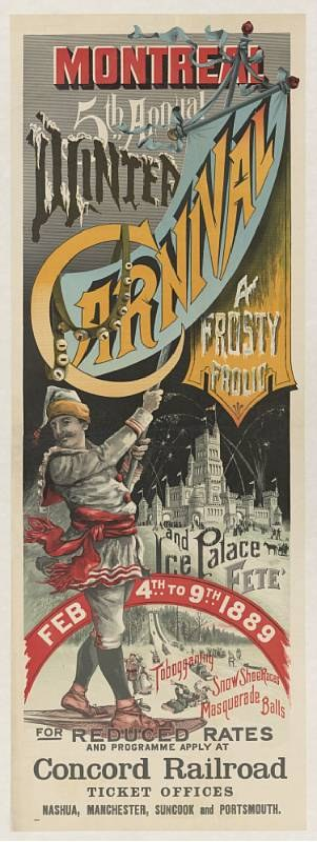 Plakat für das Montrealer Winterkarneval mit einer Person vor einem frostigen Schloss mit der Aufschrift "Montreal Winterkarneval."