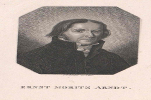Schwarz-weiß-Porträt von Ernst Noritz Arndt, einem deutschen Komponisten, mit Text unten im Bild.