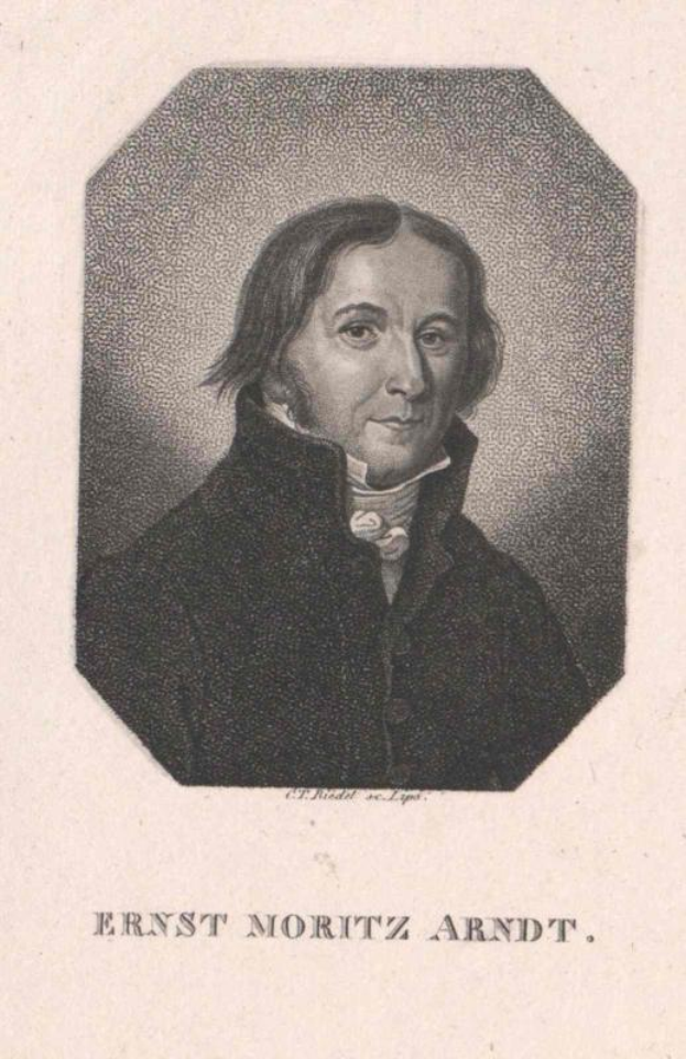 Schwarz-weiß-Porträt von Ernst Noritz Arndt, einem deutschen Komponisten, mit Text unten im Bild.