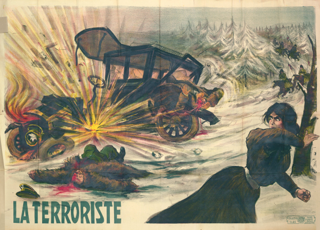 Ein Filmplakat für "La Terroriste", das eine chaotische Szene mit Menschen, Fahrzeugen, Bäumen und Gegenständen zeigt, voller leuchtender Farben und fetter Schrift.