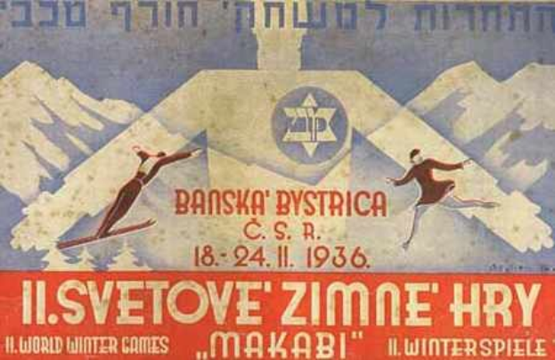 Plakat für die 1936er Weltwinterspiele in Maksabi mit zwei Skifahrern im Vordergrund und Bergen im Hintergrund sowie Textinformationen.