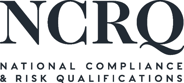 Weißer Hintergrund mit zentralem fetten schwarzen Text "National Compliance & Risk Qualifications" in einer modernen Schriftart, umgeben von einem schmalen schwarzen Rand.