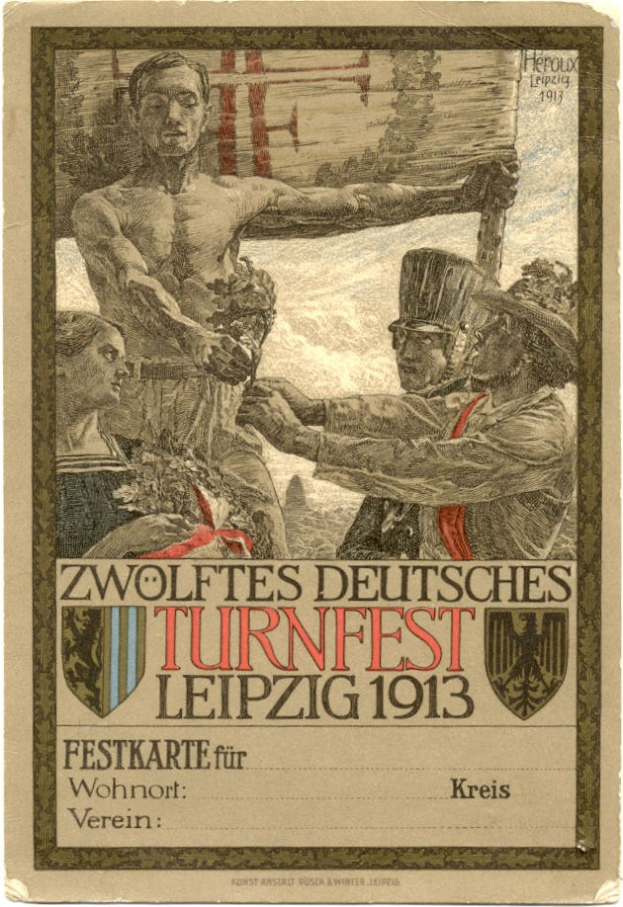 Plakat für das Zwölfte Deutsche Turnfest Leipzig 1913, das eine zentrale Gruppe von Menschen und Text mit Veranstaltungseinzelheiten zeigt.
