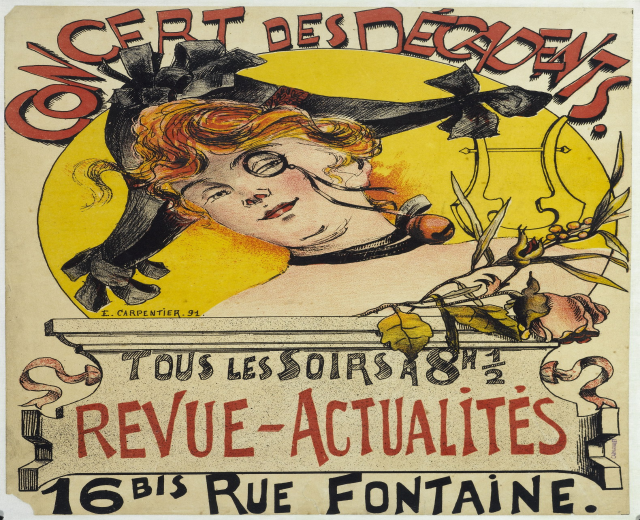 Plakat für ein Decadents-Konzert mit einer Illustration einer Frau mit menschlichem Gesicht und Text mit Veranstaltungdetails.