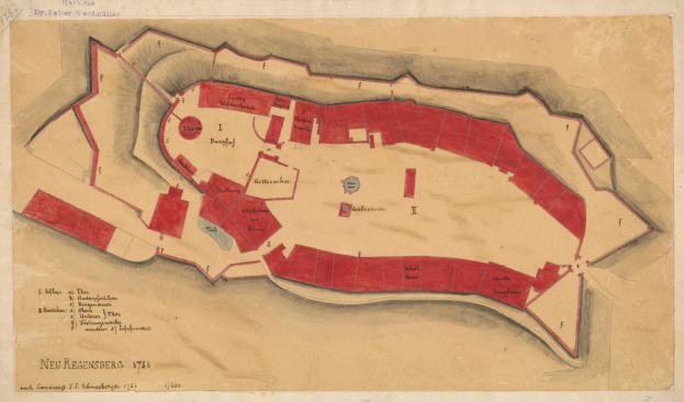 Ein detaillierter Stadtplan von Neu Regensburg, Deutschland, der Straßen, Gebäude, Sehenswürdigkeiten und Text mit zusätzlichen Stadtinformationen anzeigt.