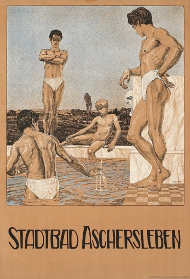 Ein Plakat für ein Schwimmbad in Aschersleben, Deutschland, das Menschen im Wasser zeigt, darunter eine sitzende Person, und Text über die Einrichtungen des Schwimmbads.