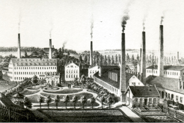 Schwarz-weiß-Zeichnung einer Fabrik mit rauchenden Schornsteinen, umgeben von Gebäuden, Grünflächen und einem Zaun, mit dem Text "New York State Penitentiary" unten.
