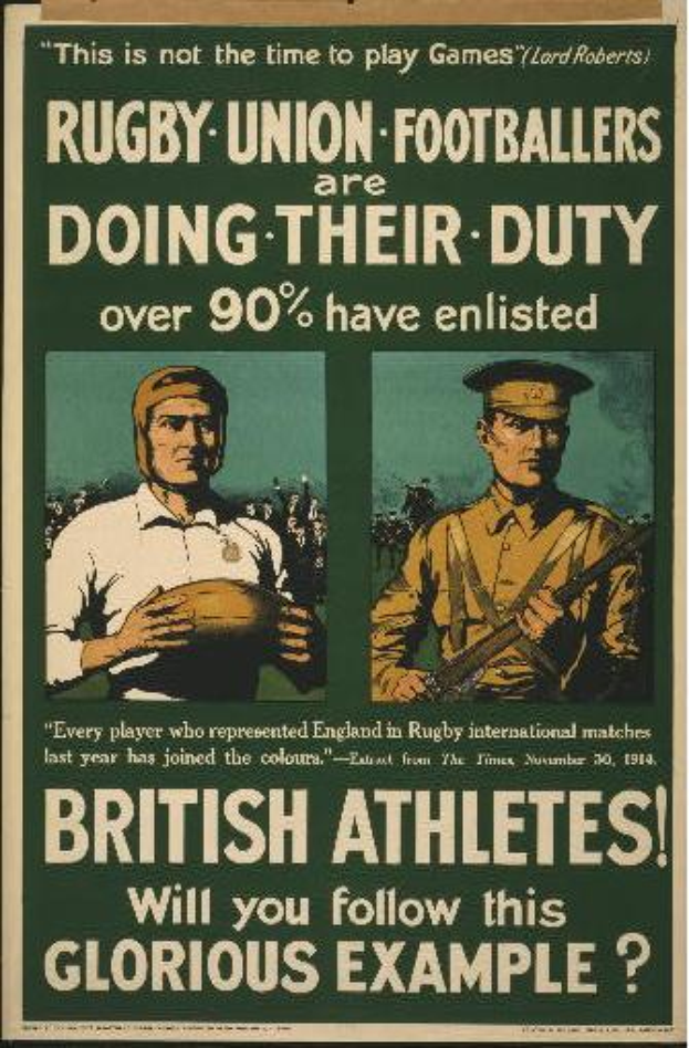 Ein Vintage-Plakat mit zwei Rugby-Union-Fussballern, die ihre Einberufung zum Dienst anpreisen, mit der Aussage, dass ├╝ber 90 % der britischen Athleten eingezogen sind.