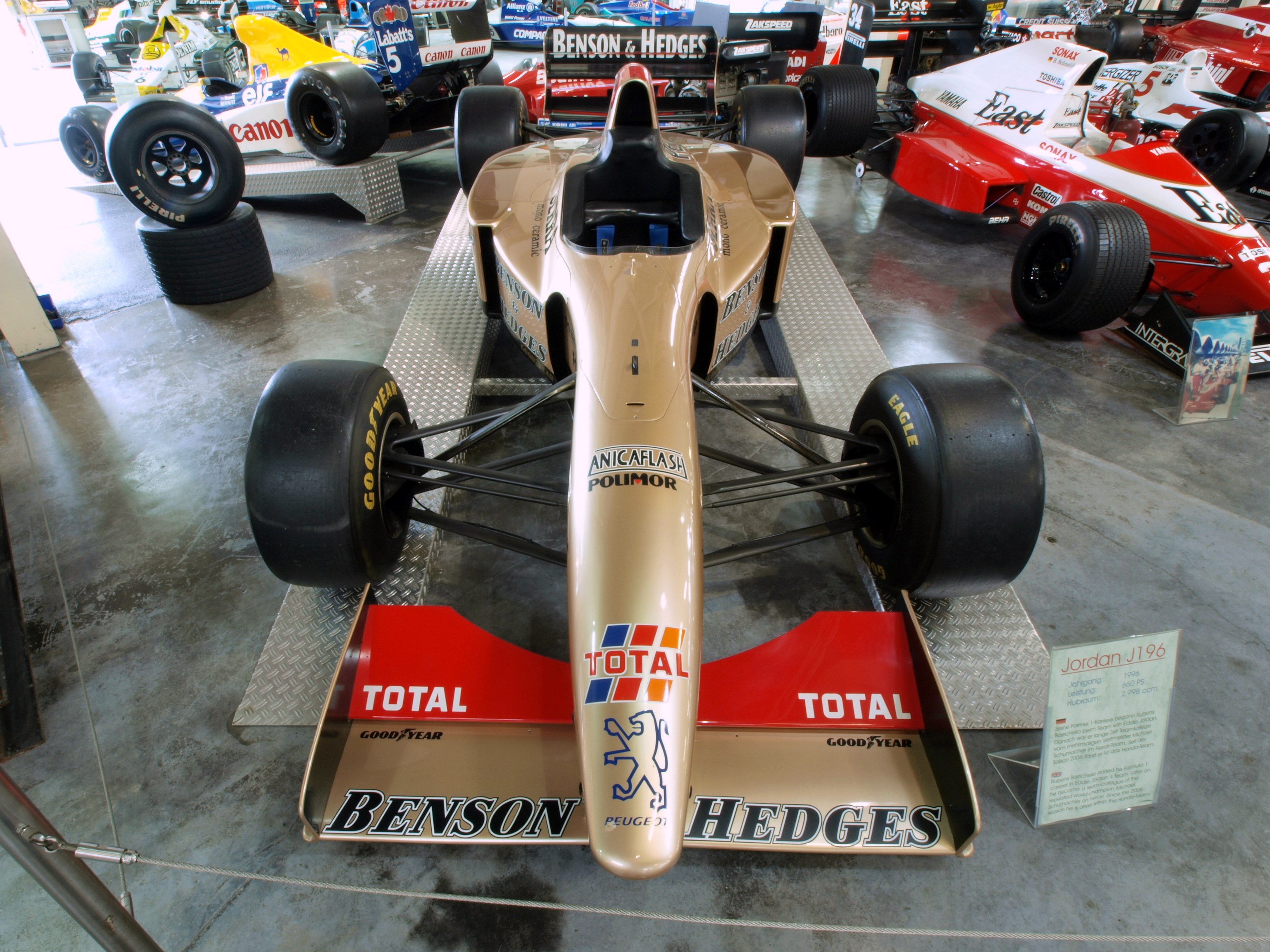 Eine Gruppe von Rennwagen in einem Motorsportmuseum, getrennt durch einen Metallzaun mit einer Texttafel links und Menschen und Gegenständen im Hintergrund.