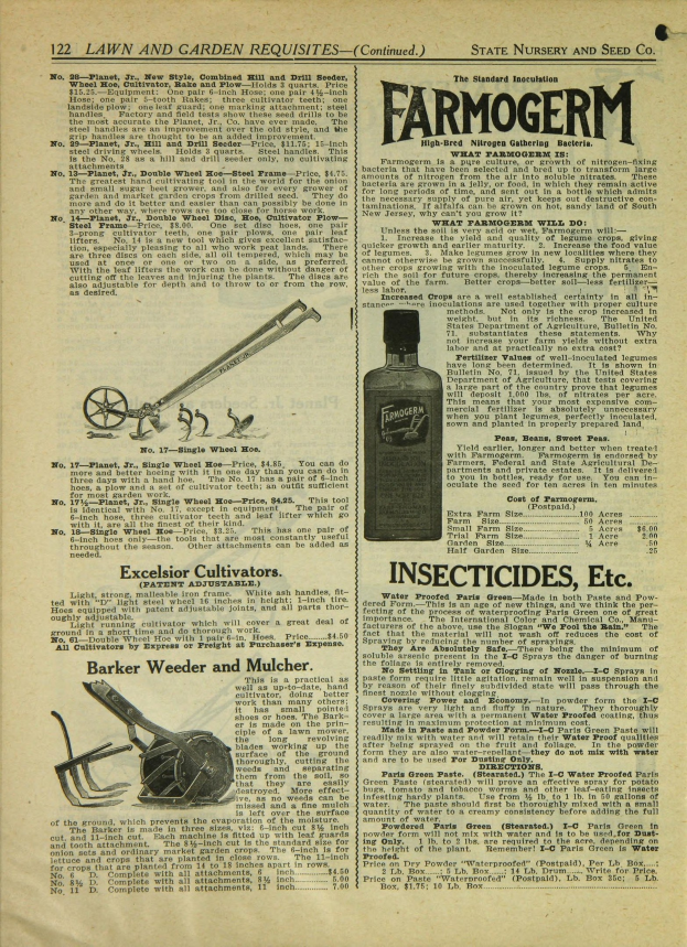 Alter Buchumschlag mit einer Flasche Farmogerm-Insektizid mit einer klaren Flüssigkeit und einer schwarzen Schrift auf einem hellblauen Hintergrund mit einem weißen Rand.