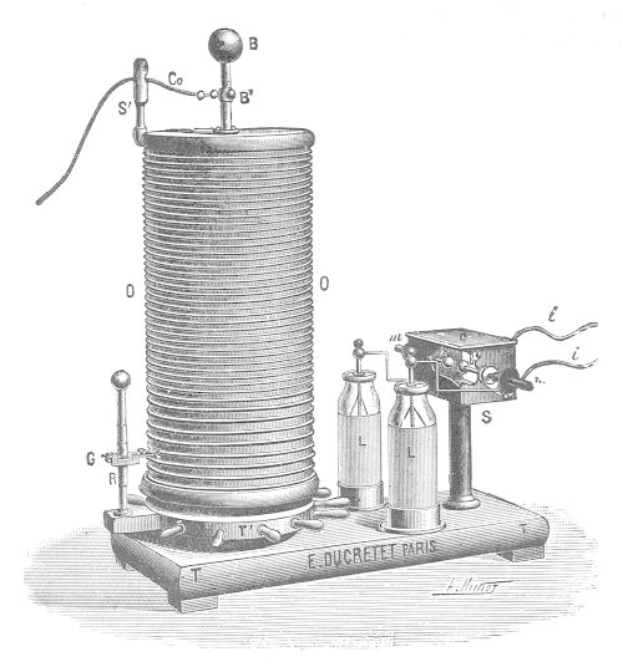 Schwarze und weiße Zeichnung eines elektrostatischen Generators mit einem Zylinder oben drauf, beschriftet mit "Elektrostatischer Generator".