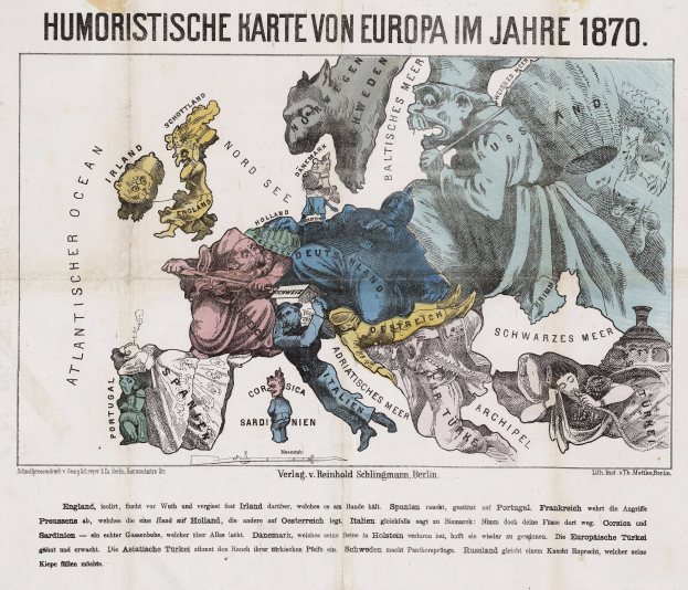 Ein Plakat mit der Aufschrift "Humoristische Europakarte des Jahres 1870", das eine Karte von Europa mit Cartoon-Bildern und Text umgeben zeigt.