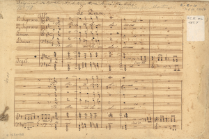 Ein altes, gelbliches Notenblatt mit schwarzer, ordentlicher und lesbarer Handschrift, leicht zerknittert und abgenutzt.