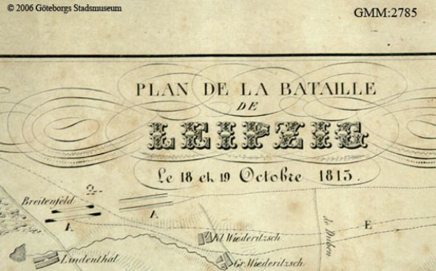 Ein detailliertes altes Kartenmaterial der Schlacht von Leipzig, das verschiedene Kämpfe zeigt und mit Texten über das Datum, die Uhrzeit und den Ort annotiert ist.