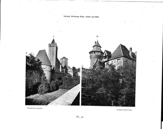 Schwarzes und weißes Foto einer Burg mit Türmen, umgeben von Bäumen und einer Mauer, mit Text oben und unten, der "Gertlach, Nürnberg, Erker, Gebel und Höhe" lautet.