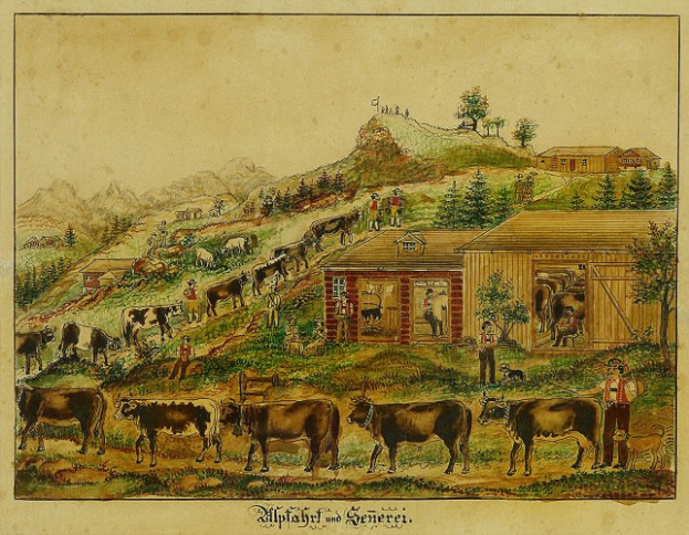 Gemälde einer Hofszene mit Kühen im Vordergrund, umgeben von Häusern, Bäumen, Hügeln und Menschen, mit Text unten.