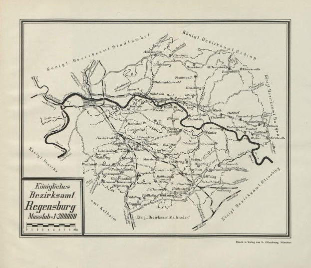 Schwarze und weiße Karte von Regensburg, Deutschland, zeigt Straßen, Gebäude und Sehenswürdigkeiten mit Textbeschriftungen.
