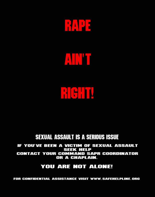 Plakat mit fetter schwarzer Schrift, die 'Rape Ain't Right: Sexual Assault is a Serious Issue' auf einem weißen Hintergrund mit schwarzem Rahmen liest.