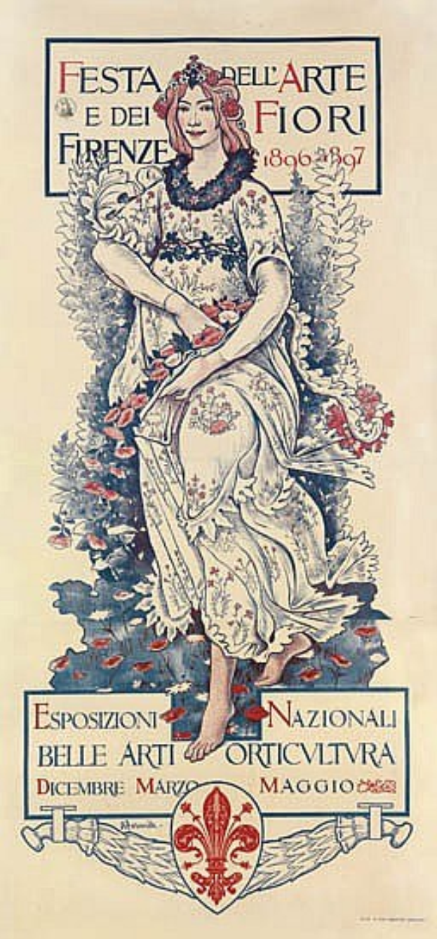 Plakat für ein italienisches Festival mit einer Frau in einem langen weißen Kleid mit hohem Kragen, ihre Haare zu einem Dutt gebunden, vor einem hellblauen Hintergrund mit fetter schwarzer Schrift.