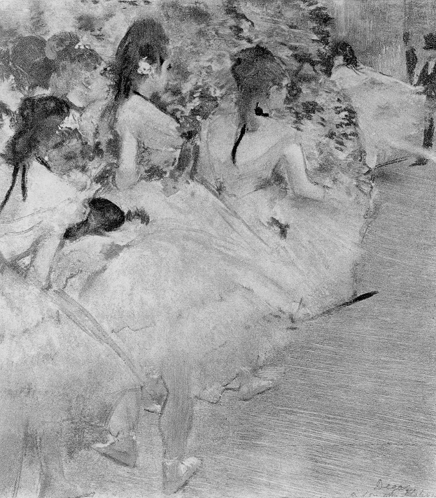 Eine Schwarz-Weiß-Zeichnung einer Gruppe von Tänzern in einem Studio, einer in der Mitte, die bunte Tutus und Spitzenschuhe tragen, mit unscharfem Hintergrund, der Bewegung und Text unten suggeriert.