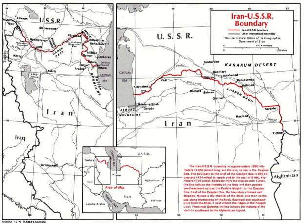 Detailierte Wandkarte des iranisch-sowjetischen Grenzverlaufs mit geographischen Merkmalen und Landesgrenzen sowie erklärendem Text.