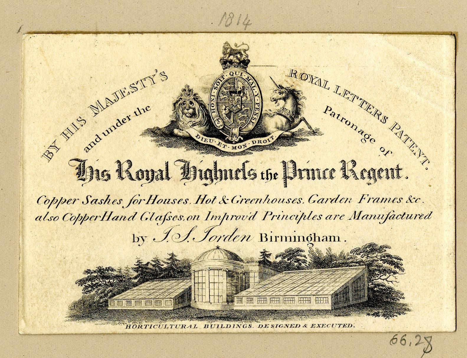 Geschäftskarte für "The Royal Highmills of the Prince Regent" mit einer Illustration eines Gebäudes und Bäumen.