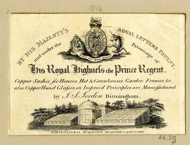 Geschäftskarte für "The Royal Highmills of the Prince Regent" mit einer Illustration eines Gebäudes und Bäumen.