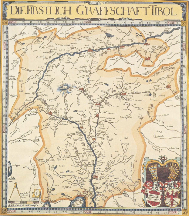 Plakat einer illustrierten historischen Landkarte der ersten Grafschaft Tirol, das geografische Merkmale, Städte und begleitenden Text zeigt.