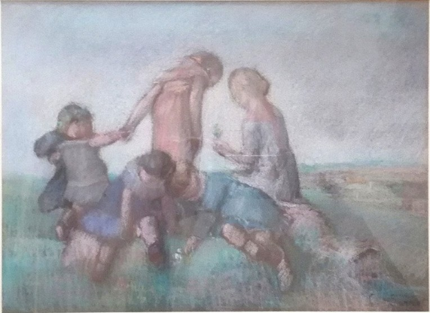 Malerei von Kindern, die auf einem hellen, fröhlichen Feld spielen, in einem Foto Rahmen.