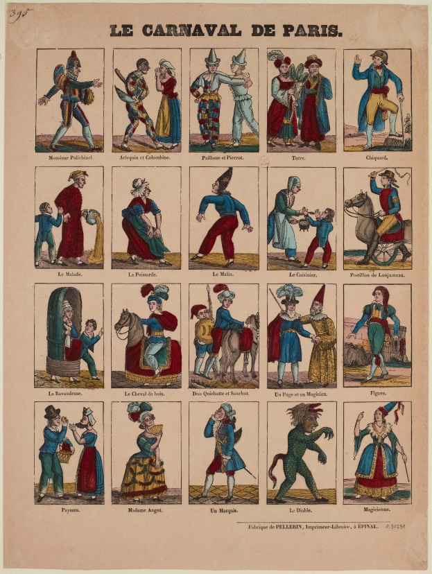 Ein Papier voller leuchtender, detaillierter Bilder von Menschen in bunten Karneval von Paris Kostümen, einschließlich gefiederter und aufwändiger Kopfschmuck, mit fetter Schrift.