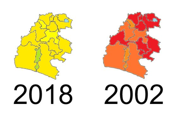 Karte von Deutschland, die die Provinzgrenzen von 2002 und 2018 in Gelb, Rot und Orange auf einem weißen Hintergrund mit Text zeigt.