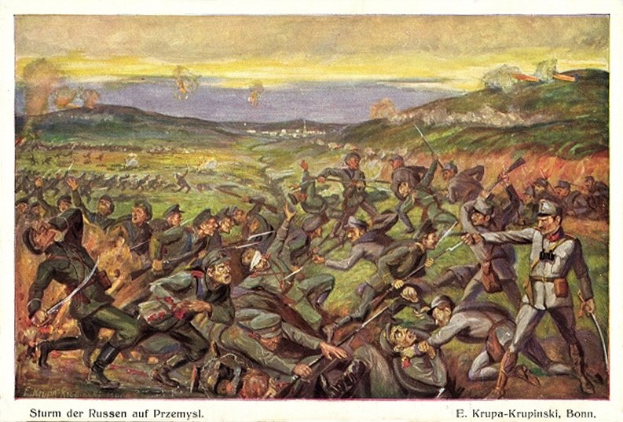 Gemälde zeigt eine Schlachtenszene mit Soldaten in Militäruniformen, einige halten Gewehre, mit dem Text "Sturm der Russen auf Przemysl" unten.