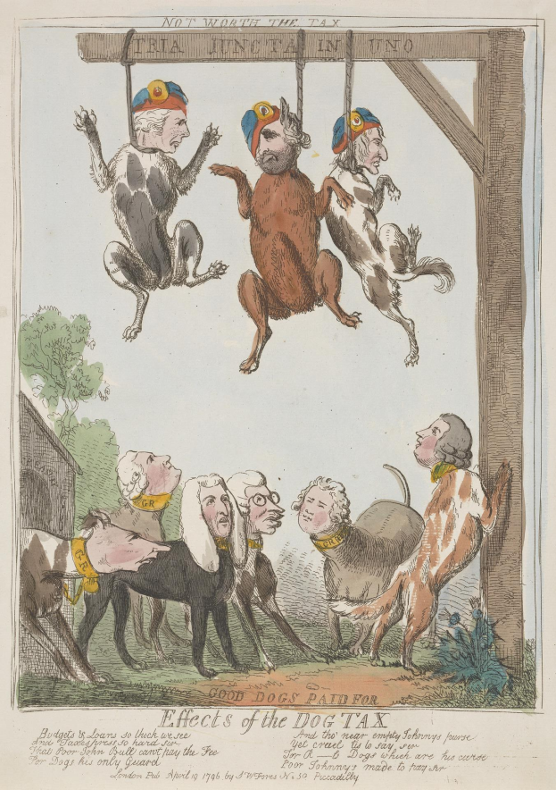 Ein Blatt Papier mit einer Zeichnung von Menschen und Tieren, darunter ein Hund, der an einem Holzpfahl hängt, und einigen Schriften, die wahrscheinlich die Auswirkungen einer Hundesteuer beschreiben.