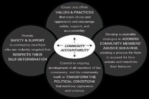 Ein Diagramm mit der ├ťberschrift "Gemeinschaftliche Rechenschaft" und drei miteinander verbundenen Kreisen um einen zentralen Kreis, alles in hellen Farben, mit fetter Schrift.