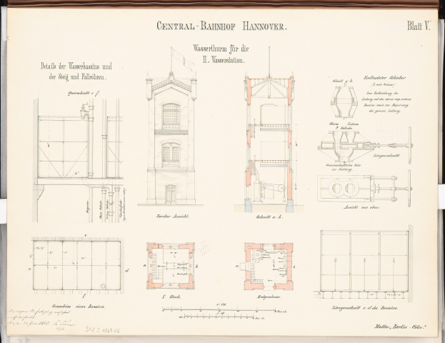 Ein Buchumschlag mit einem detaillierten architektonischen Zeichnung des Central Bahnhof Hannover-Gebäudes, einschließlich Fenstern, Türen und anderen Details, mit begleitendem Text über die Gestaltung.