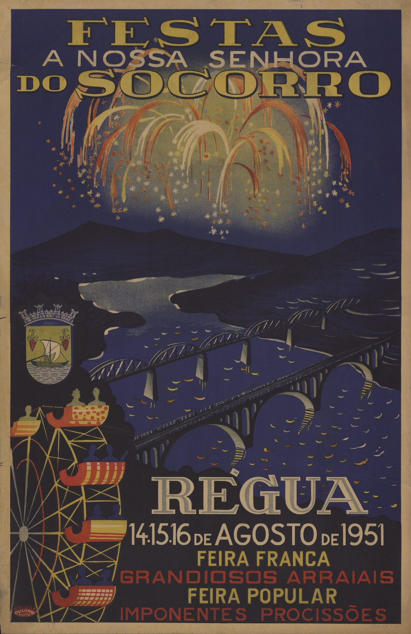 Plakat für ein brasilianisches Festival mit Brücke, Wasser, Hügeln, Feuerwerk und Text.