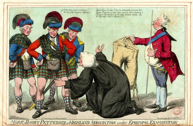 Eine Karikatur eines Mannes in einem Kilt, der ein schwarzes Kleid trägt, einen Stock und ein Tuch hält und von einer Gruppe von Männern in Kilts mit verschiedenenfarbigen Kleidern und Hüten begleitet wird, mit dem Text "Schottische Prüfungen" unten.