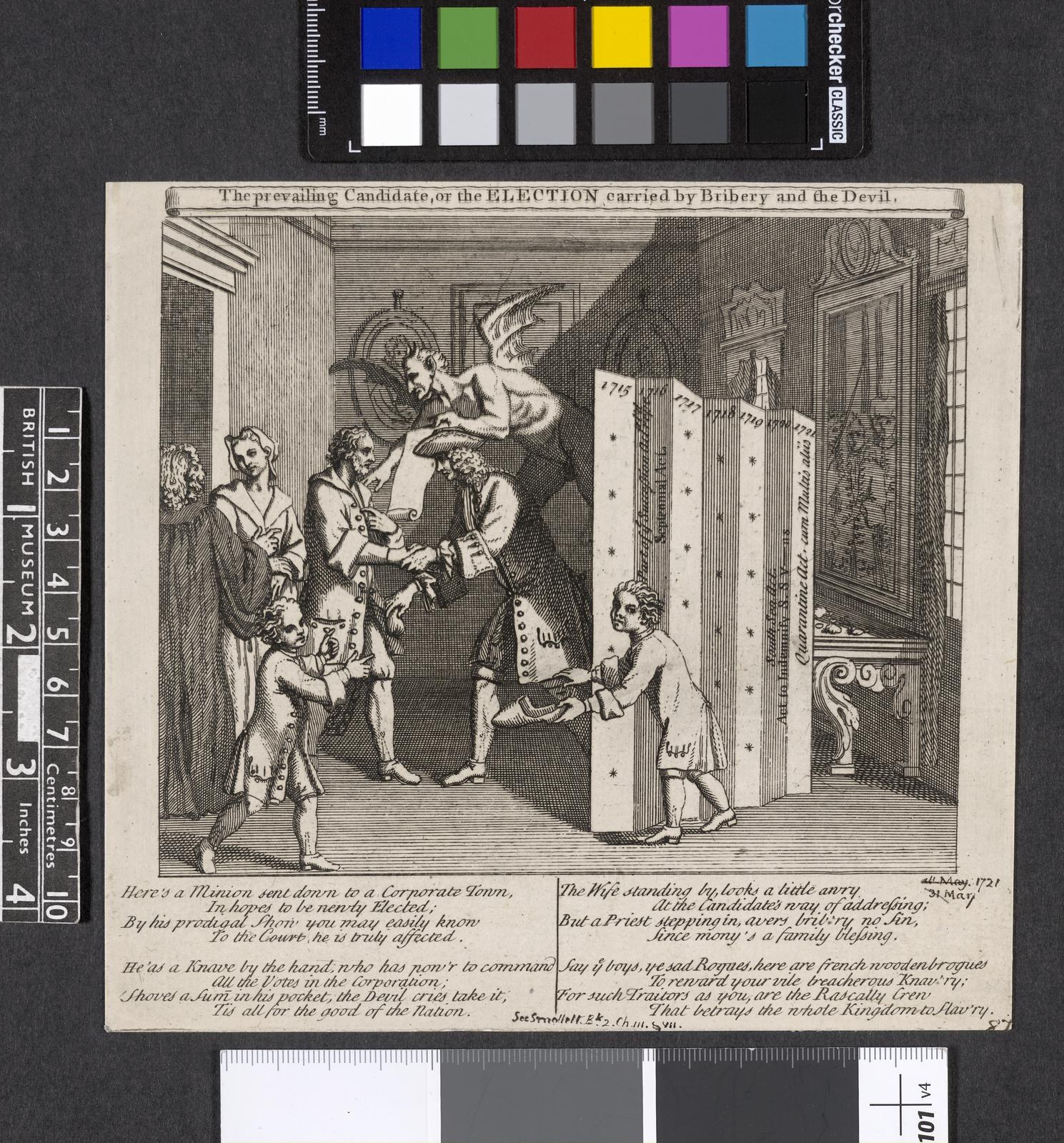 Eine Schwarz-Weiß-Radierung einer Gruppe von Menschen in einem Raum, die sich um ein zentrales Papier mit Text und Farboptionen an der Spitze versammeln, symbolisiert eine korrupte Wahl.