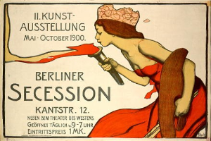 Plakat aus der Berliner Secession von 1900, das eine Frau in rotem Kleid zeigt, die ein Objekt hält, mit Text zu den Ereignissen.