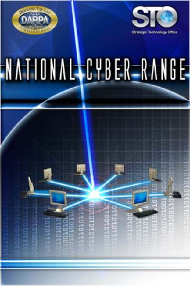 Ein Plakat mit "Nationaler Cyber-Range" in fetter, wei├čer Schrift auf einem blauen Hintergrund, das eine Weltkugel mit verbundenen Computern zeigt.