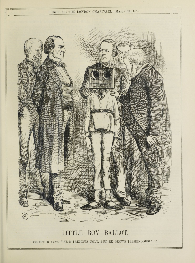 Eine Zeichnung eines kleinen Jungen mit einer Kamera, umgeben von einer Gruppe von Menschen, mit der Aufschrift "Kleiner Junge Wählen" unten.