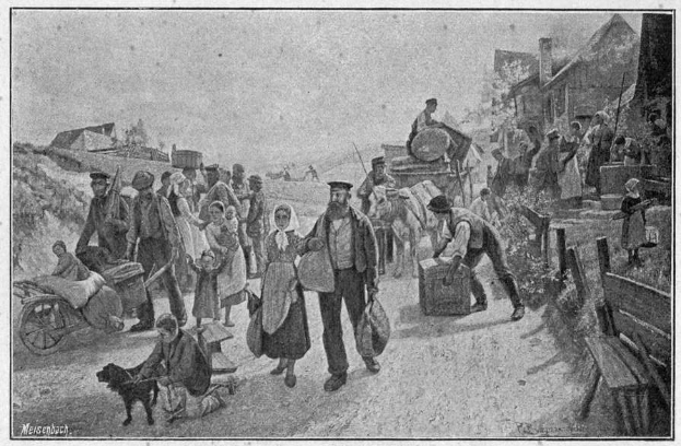 Eine Gruppe von Menschen, einige mit Taschen, geht einen Schotterweg entlang mit einem Hund und einem von Pferden gezogenen Wagen, im Hintergrund sind Häuser und ein klarer Himmel zu sehen; Text unten lautet "Deutsche Flüchtlinge in Deutschland".