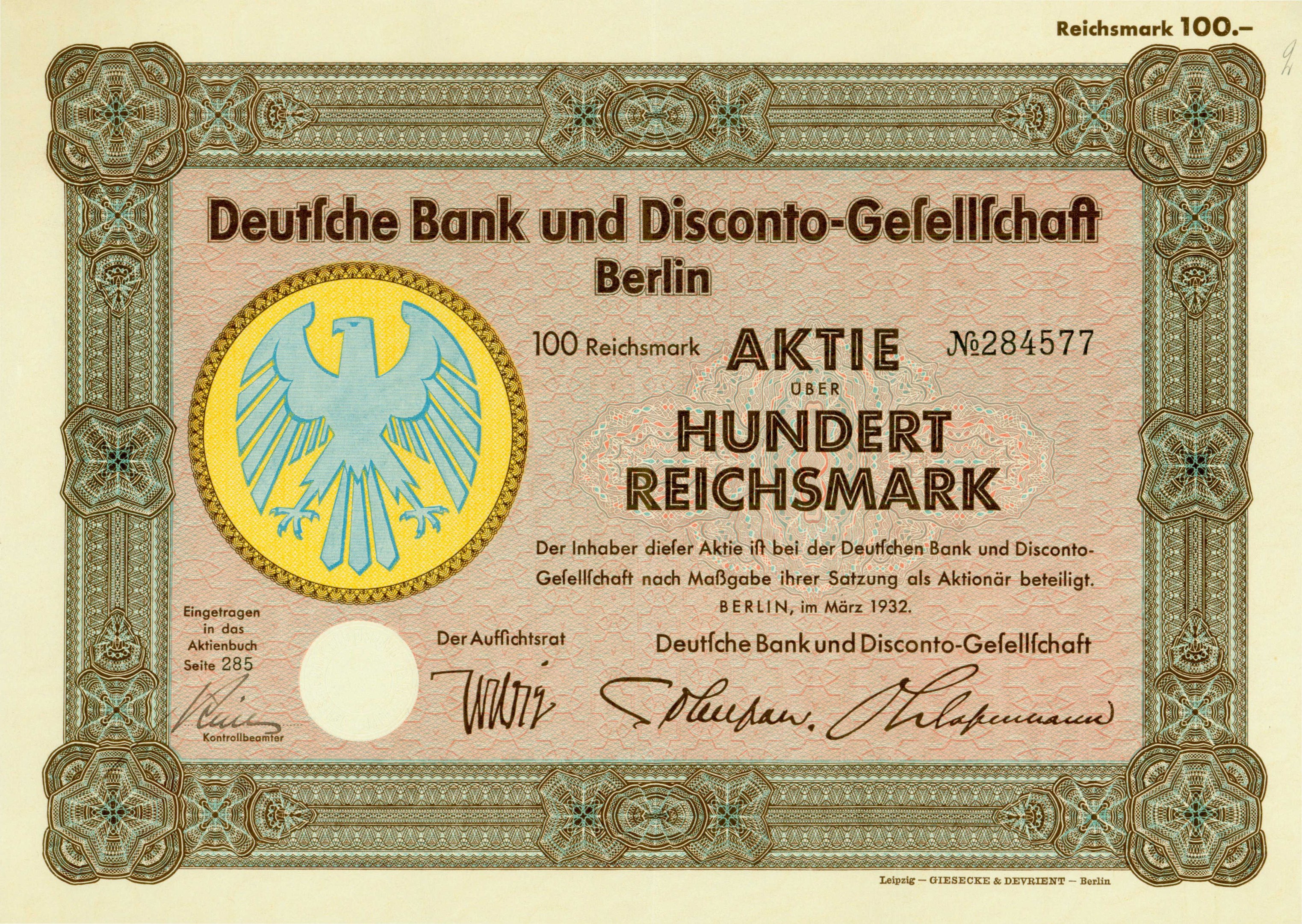 Alte deutsche Banknote mit einem Vogelmotiv und der Aufschrift "Deutsche Bank und Disconto-Gesellschaft Berlin".
